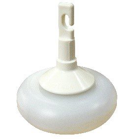 A hook-on mobility cane tip with a rounded white surface.