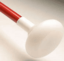 A white jumbo cane tip attached to a red cane shaft.