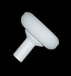 A slide-on white cane tip with a rounded design.