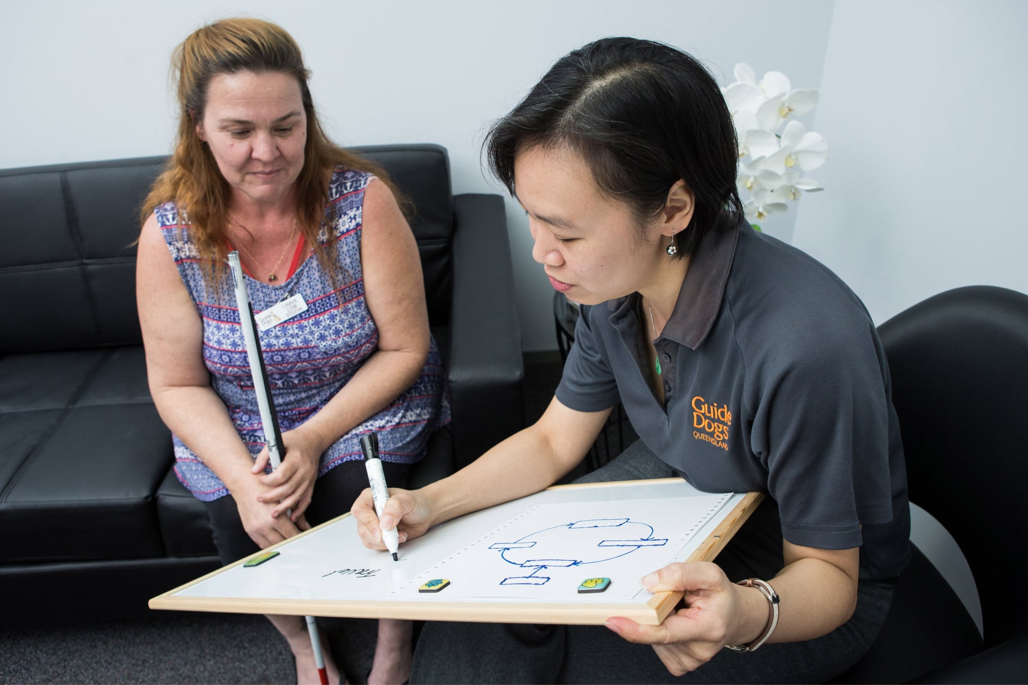 A person sitting with a Guide Dog's staff member. The staff member is writing on a small white board on her laptop while the person is looking at the board. The person is holding a white cane in their hands.