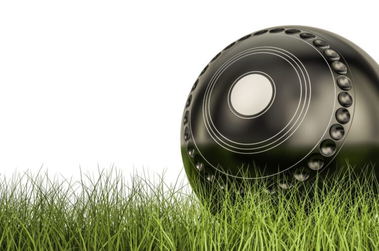 A lawn bowl on a patch of grass.
