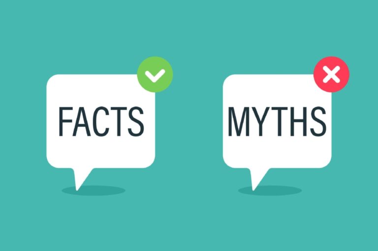 Image shows two speech bubbles on a blue background. One reads 'Facts' with a green checkmark, the other reads 'Myths' with a red cross.