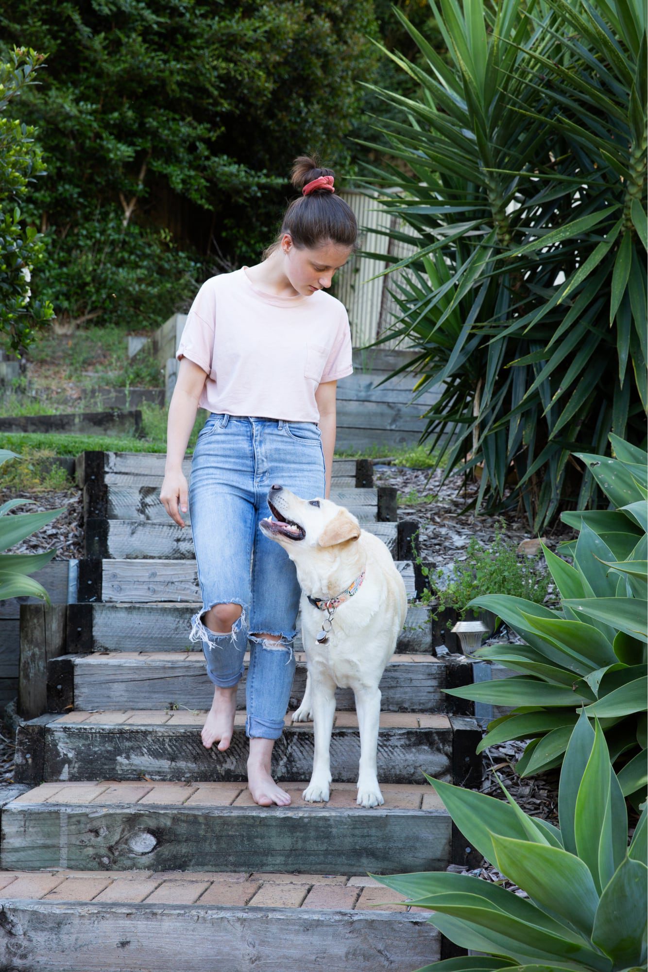 A person walking down some stairs with their yellow labrador dog. The dog and handler and looking at each other.