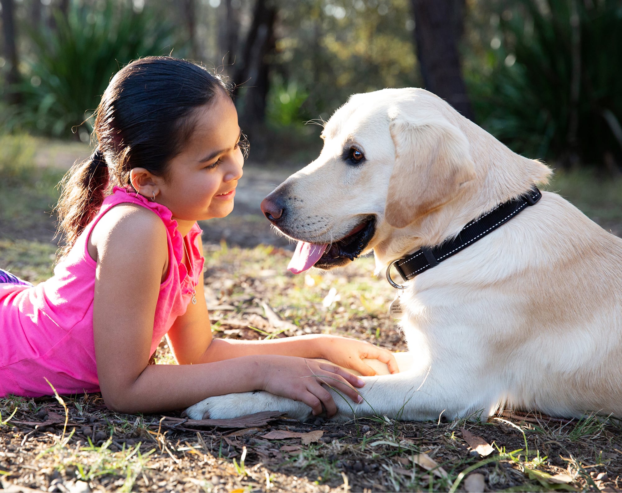 A young child laying down looking into the face of a yellow labrador dog with a smile on their face, They are both outside and are sitting facing each other.
