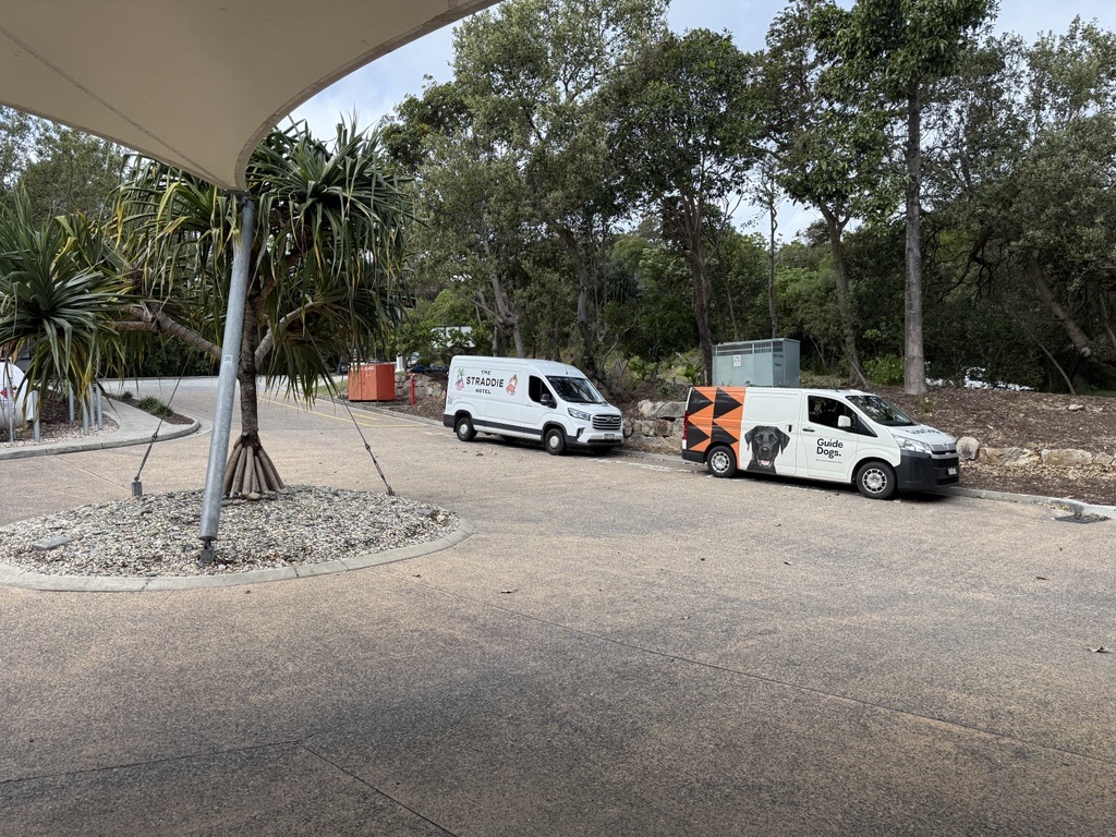 A wide outdoor photo showing a white Guide Dogs van with a black dog graphic parked side-by-side on a paved lot. To the left is a distinctive pandanus tree.