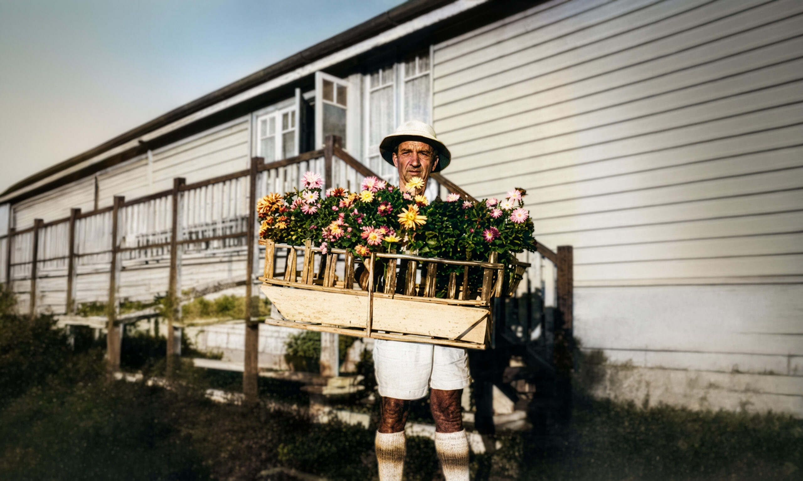 Hubie Morris holding a box of gerberas.