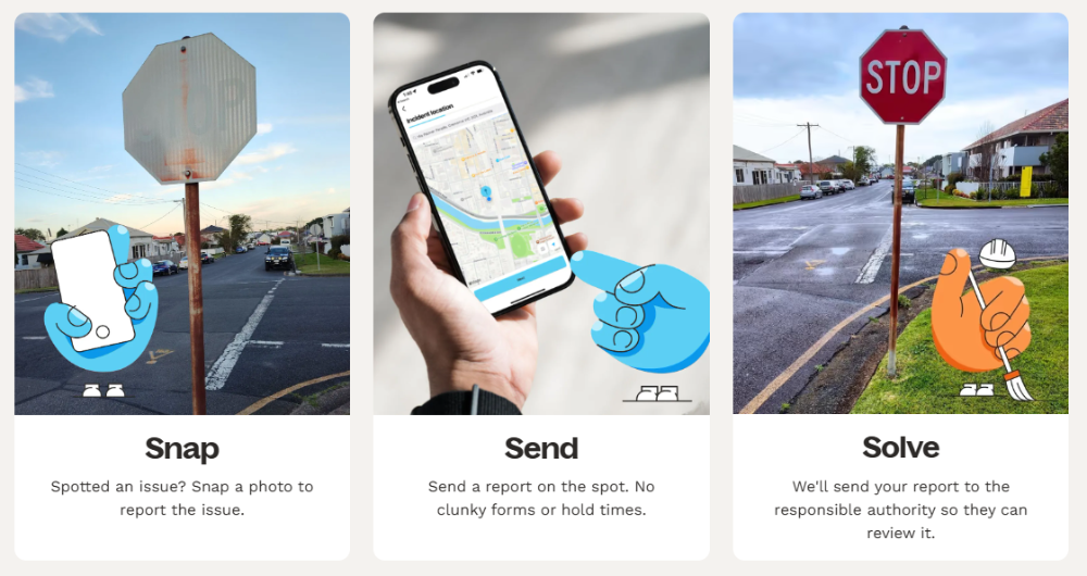 Three-step illustration: Snap a photo of an issue, Send the location via phone app, and Solve the problem.