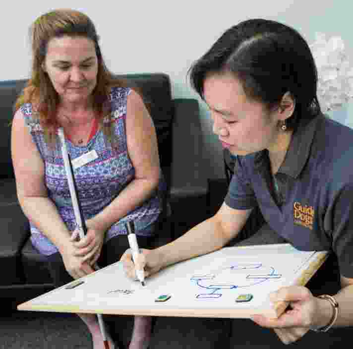 A person sitting with a Guide Dog's staff member. The staff member is writing on a small white board on her laptop while the person is looking at the board. The person is holding a white cane in their hands.