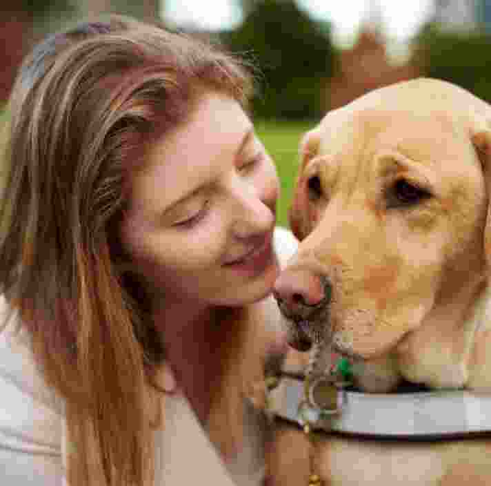 Close up of a person with their Guide Dog, who is caramel in colour and in harness. The person is smiling at the dog.